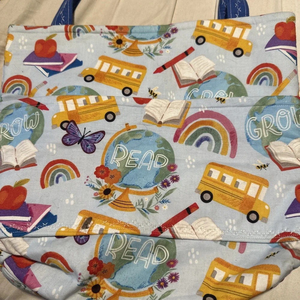 Handmade Teacher School Tote Bag Shoulder Pocket Bus Books Cotton Back To School